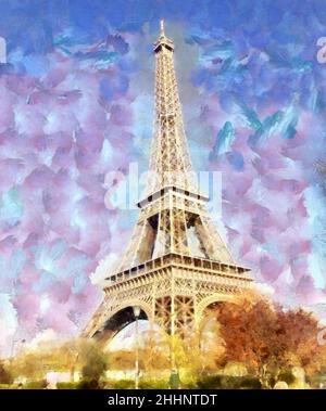 Beautiful places in Paris. Colourful views of Paris. Famous outdoor touristic scenes Paris. Large size painting. Hand drawn artwork with oil brush str Stock Photo