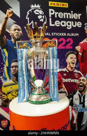 London, UK.  25 January 2022. The real Premier League trophy on display at the Panini stand.  Press day at The Toy Fair, the UK’s largest dedicated toy, game and hobby trade show held annually at Olympia London.  More than 260 companies are presenting the hottest new toys, trends and crazes for the year ahead to retailers, buyers, media and the wider industry.  The event runs 25 to 27 January 2022.  Credit: Stephen Chung / Alamy Live News Stock Photo