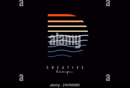 Letter D logo design with colorful straight and zig zag lines. Vector illustration with sea and sunset color lines. Stock Vector