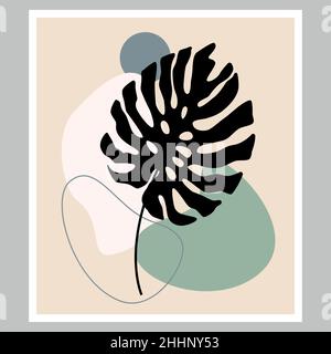 Abstract illustration of tropical leaves, drawing of monstera leaves. Fashionable art, boho decor. Stock Vector