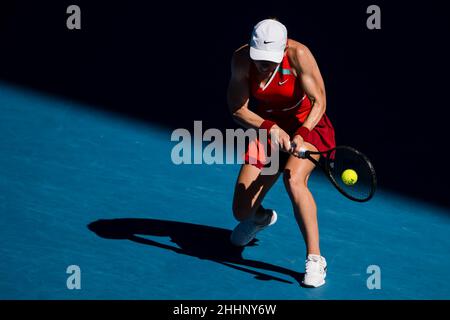 MELBOURNE, AUSTRALIA - JANUARY 24: Simona Halep of Romania during her Fourth Round Women's Singles match during the Australian Open 2022 at Melbourne Park on January 24, 2022 in Melbourne, Australia (Photo by Andy Astfalck/Orange Pictures) Stock Photo