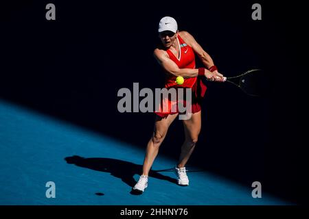 MELBOURNE, AUSTRALIA - JANUARY 24: Simona Halep of Romania during her Fourth Round Women's Singles match during the Australian Open 2022 at Melbourne Park on January 24, 2022 in Melbourne, Australia (Photo by Andy Astfalck/Orange Pictures) Stock Photo