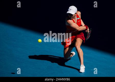 MELBOURNE, AUSTRALIA - JANUARY 24: Simona Halep of Romania during her Fourth Round Women's Singles match during the Australian Open 2022 at Melbourne Park on January 24, 2022 in Melbourne, Australia (Photo by Andy Astfalck/Orange Pictures) Stock Photo