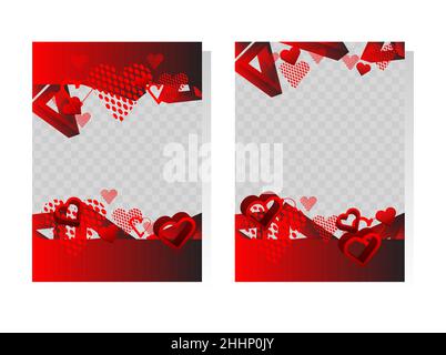 Red love presentations templates with hearts. Design with romantic shapes. Valentines day, wedding leaflet, book, poster, flyer, brochure, cover desig Stock Vector