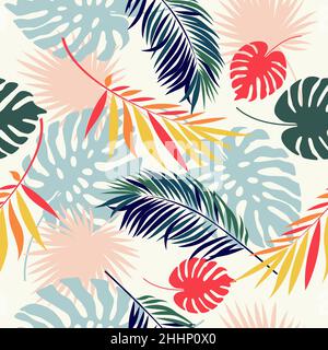 Vector seamless drawing with colorful tropical leaves on a white background. Stock Vector