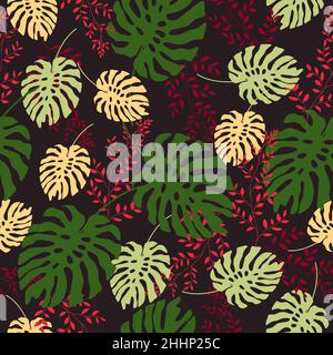 Fashionable seamless floral pattern. Pink, green and red leaves on a black background. Stock Vector