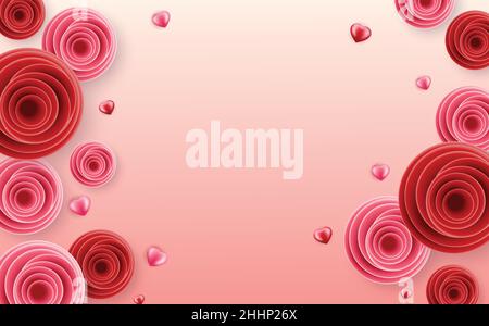 Valentine's day background, banner, wallpaper design. Pink and red roses background with hearts. Stock Vector