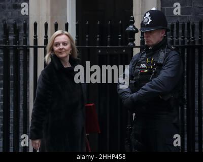 London, UK. 25th Jan, 2022. Foreign Secretary Liz Truss arrives at No 10 the weekly Cabinet Meeting at Downing Street. Credit: Uwe Deffner/Alamy Live News Stock Photo