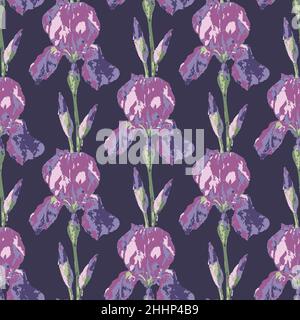 Vector seamless pattern with colorful iris flowers. Hand drawn design. Stock Vector