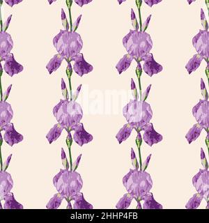 Vector seamless pattern with flowers of iris. Design with beautiful iris flowers. Stock Vector