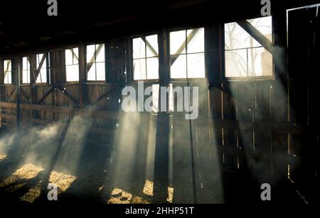 Sunlight streaming through windows of an old barn Stock Photo