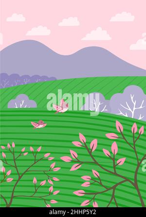 Cute spring landscape with fields and forests. Beautiful view. Leaves on the trees, birds fly. Green grass. Mountain and sky with clouds. Cartoon vect Stock Vector