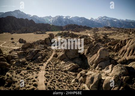 Aerial View of Hikers in Alabama Hills, California Stock Photo
