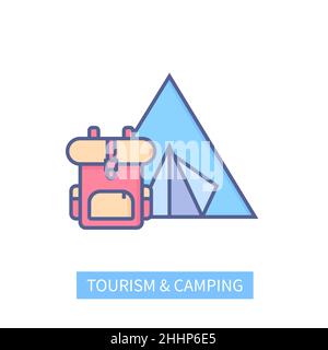 Tourism and camping - modern colored line design style icon on white background. Neat detailed image of tent and backpack for a hiker. Rest away from Stock Vector