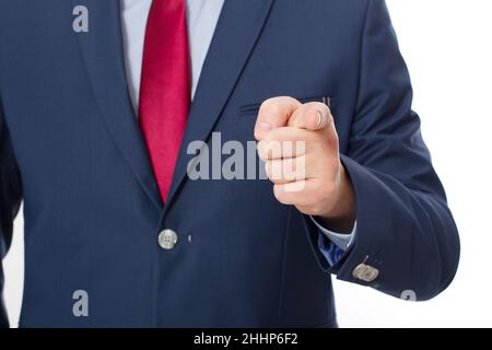 Close up of Business man pointing finger on you isolated on white background. Touching virtual screen. Success concept. Selective focus Stock Photo