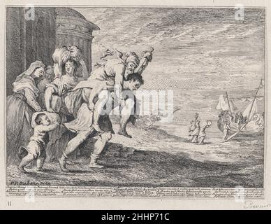 Aeneas fleeing Troy, with a group of six figures leaving the city at left, Aeneas carrying his father Anchises on his back, followed by his wife Creusa and his son Ascanius, two servants at far left 1728 Anton Joseph von Prenner. Aeneas fleeing Troy, with a group of six figures leaving the city at left, Aeneas carrying his father Anchises on his back, followed by his wife Creusa and his son Ascanius, two servants at far left. Anton Joseph von Prenner (Austrian, Wallerstein 1683–1761 Vienna). 1728. Etching. Prints Stock Photo