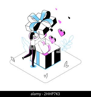 Only for you - modern line isometry design style illustration. Detailed picture with a woman, girl opening a big present, images of purple hearts flyi Stock Vector