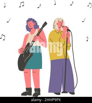 Musicians playing the guitar and singing on stage. Musical performance or show. Music band live concert. Vector Stock Vector