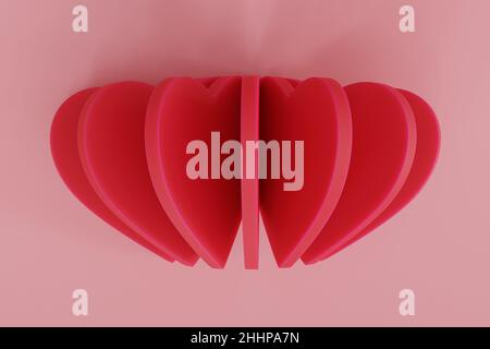 Red heart shapes on pink background, minimal design, top view, 3D render Stock Photo