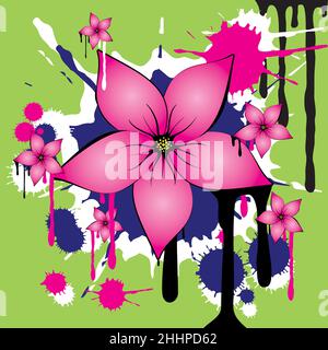 A decorative grunge and flower graffiti art. In the middle is a big pink flower with five petals. In the back are drippings and ink spots. Stock Vector