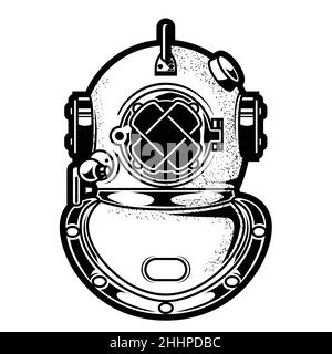 Vintage deep-sea diving helmet, heavy metal scuba headpiece, submergence equipment, vector Stock Vector