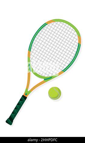 Colored tennis racket with a yellow tennis ball on a white background.Sports equipment. Stock Vector