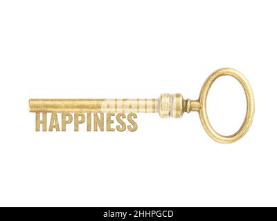 Bronze vintage antique keys with word Happiness isolated on white background. Concept chance and ability Stock Photo