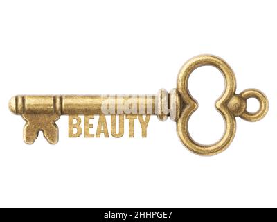 Bronze vintage antique keys with word Beauty isolated on white background. Concept possibility and capacity Stock Photo