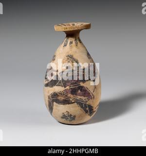 Terracotta alabastron (perfume vase) ca. 630–615 B.C. Greek, Corinthian Winged male figure.. Terracotta alabastron (perfume vase)  240977 Stock Photo