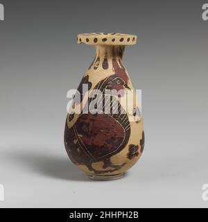 Terracotta alabastron (perfume vase) ca. 620–590 B.C. Greek, Corinthian A rooster; in the field, rosettes.. Terracotta alabastron (perfume vase)  247185 Stock Photo