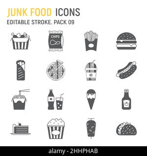 Junk food glyph icon set, fast food collection, vector graphics, logo illustrations, junk food vector icons, unhealthy eating signs, solid pictograms, editable stroke Stock Vector