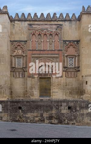 Cordoba Spain - 09 13 2021: Exterior detail facade view at Mosque-Cathedral of Córdoba, or Cathedral of Our Lady of the Assumption, Roman Catholic Dio Stock Photo