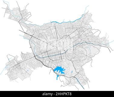 Tirana, Albania high resolution vector map with city boundaries and editable paths. White outlines for main roads. Many detailed paths. Blue shapes an Stock Vector