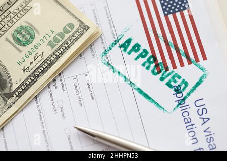 Stamp approved is on documents for obtaining American visa closeup Stock Photo