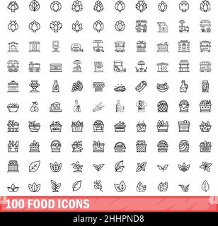 100 food icons set. Outline illustration of 100 food icons vector set isolated on white background Stock Vector