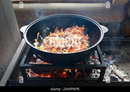 View of zirvak in cauldron on fire for pilaf Stock Photo