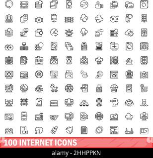 100 internet icons set. Outline illustration of 100 internet icons vector set isolated on white background Stock Vector