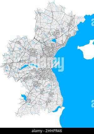 Aarhus, Denmark high resolution vector map with city boundaries and editable paths. White outlines for main roads. Many detailed paths. Blue shapes an Stock Vector