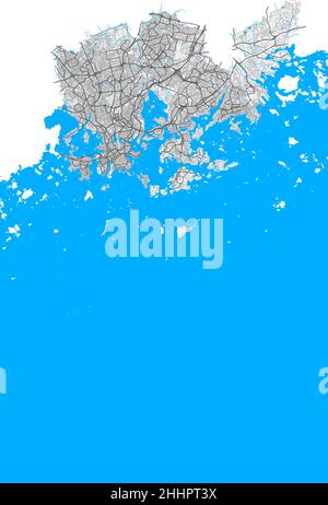 Helsinki, Finland high resolution vector map with city boundaries and editable paths. White outlines for main roads. Many detailed paths. Blue shapes Stock Vector
