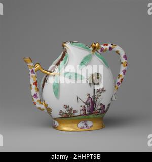 Wine pot in the shape of a peach (cadogan type) ca. 1725 Meissen Manufactory German From the beginning the Missen factory copied Chinese models (see 1974.356.319), first in red stoneware [1] and then in porcelain.[2] The export ceramics owned by August II (1670–1733), commonly known as Augustus the Strong, elector of Saxony, king of Poland, provided convenient prototypes for a factory that was, by necessity, more concerned with technological advances than with aesthetic innovation during its formative years. The taste for copies or interpretations of Chinese and Japanese originals continued th Stock Photo
