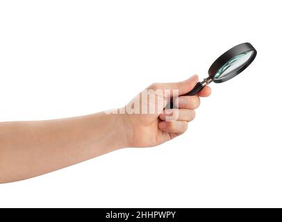 magnifying glass in hand path isolated on white Stock Photo