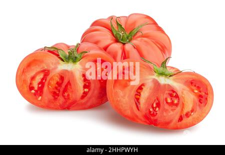 sliced pink tomato path isolated on white Stock Photo