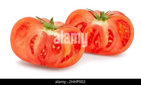 sliced pink tomato path isolated on white Stock Photo