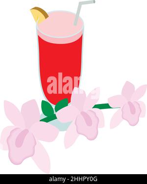 Singapore sling icon isometric vector. Traditional drink and pink orchid flower. Singapore national flower symbol and drink Stock Vector