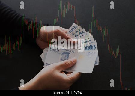 Man counting Turkish liras on black background, visible hands counting Turkish currency of 100 banknotes, Finance concept. Stock Photo