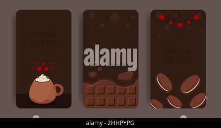 Set of vertical banners with chocolate and big hot drink cup. Valentines flyer design. Advertisign template. Stories desing pack. Heart decorations Stock Vector