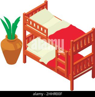 Bunk bed icon isometric vector. Two level bed with bedlinen and potted flower. Bedroom furniture, children room, interior Stock Vector