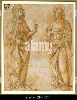 The Virgin and Saint John the Evangelist about 1500 Attributed to Raffaellino del Garbo (also known as Raffaelle de' Capponi and Raffaelle de' Carli) Italian The very finely pricked holes on the outlines of this drawing suggest that it may have served as a design for embroidery, perhaps for the cape of a chasuble (liturgical vestment) or an altar frontal. The drawing style resembles the work of the Florentine artist Raffaelino del Garbo, who, according to the sixteenth-century biographer and artist Giorgio Vasari, made designs for embroidery: “[Raffaelino] was employed by certain nuns and othe Stock Photo