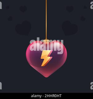 Red glass heart with a 3D lightning icon inside. Valentine day decoration element for design card, invintation or any advertising Stock Vector