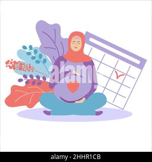 Pretty pregnant woman in hijab with a calendar. Muslim girl. Time of delivery or visit to the doctor. Pregnancy and motherhood. Carrying a child. Flat Stock Vector